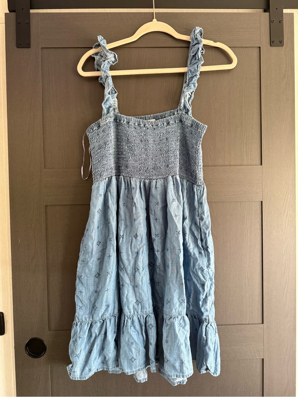 Ariat Smocked Blue Chambray Ruffle-Strap Dress